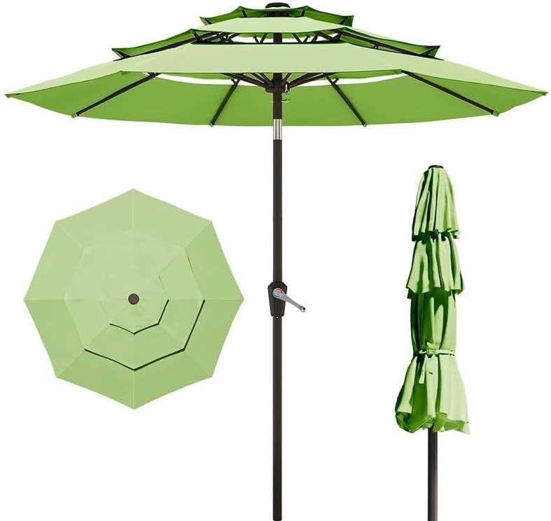 10FT Patio Umbrella 3 Tiers Outdoor Market Umbrella w/Push Button Tilt, Crank, UV and Waterproof Table Umbrella for Garden, Pool, Backyard, Deck, Lawn, Apple Green, Standard
