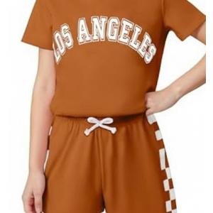 Dorbee Toddler Girl Outfits Summer Plaid Lounge Shorts Set and Athletic Sets Tracksuit for Girls 5-6Years Years, Light Brown