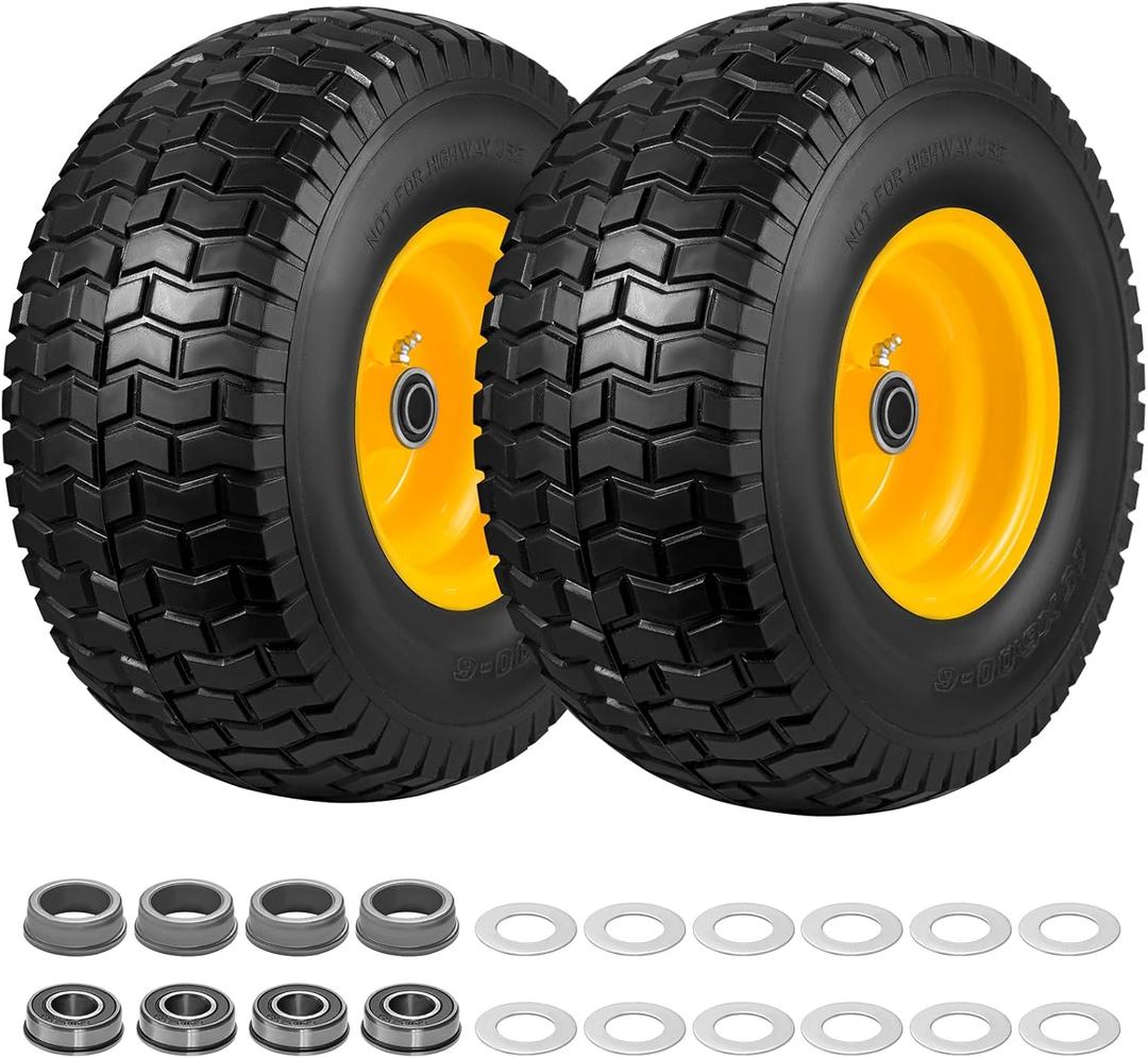 15x6.00-6 Flat Free Lawn Mower Tire and Wheel 2 Pack, with 3/4" Bearings & 5/8" and 1" Bushings, 3" Centered Hub, Compatible with John Deere Riding Mower, Lawn Tractor