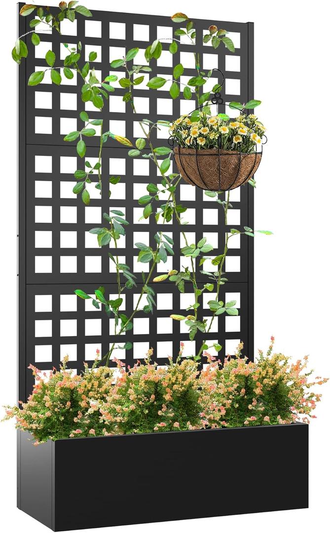 Elevens Metal Planter with Trellis, Trellis with Planter Box & Privacy Screen, Outdoor Raised Garden Bed for Climbing Plants, Trellis Planter Box with Drainage Hole (71"x35"x16")