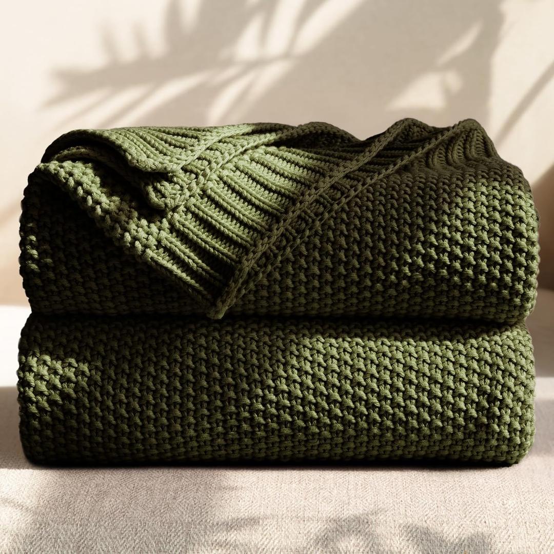 100% Cotton Cable Knit Throw Blanket, Lightweight Soft Knit Blanket for Sofa Couch Bed, Breathable All-Season Throw, Cozy Decorative Blanket, 50 x 60 Inch,Olive Green