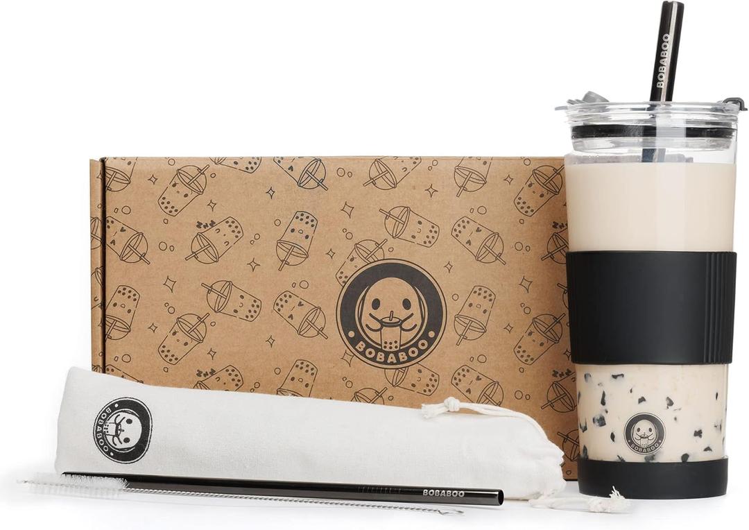 Reusable 24 oz Boba Cup with Straw Set, Straw Cleaner, and Gift Box, Borosilicate Reusable Bubble Tea Cup (Black)