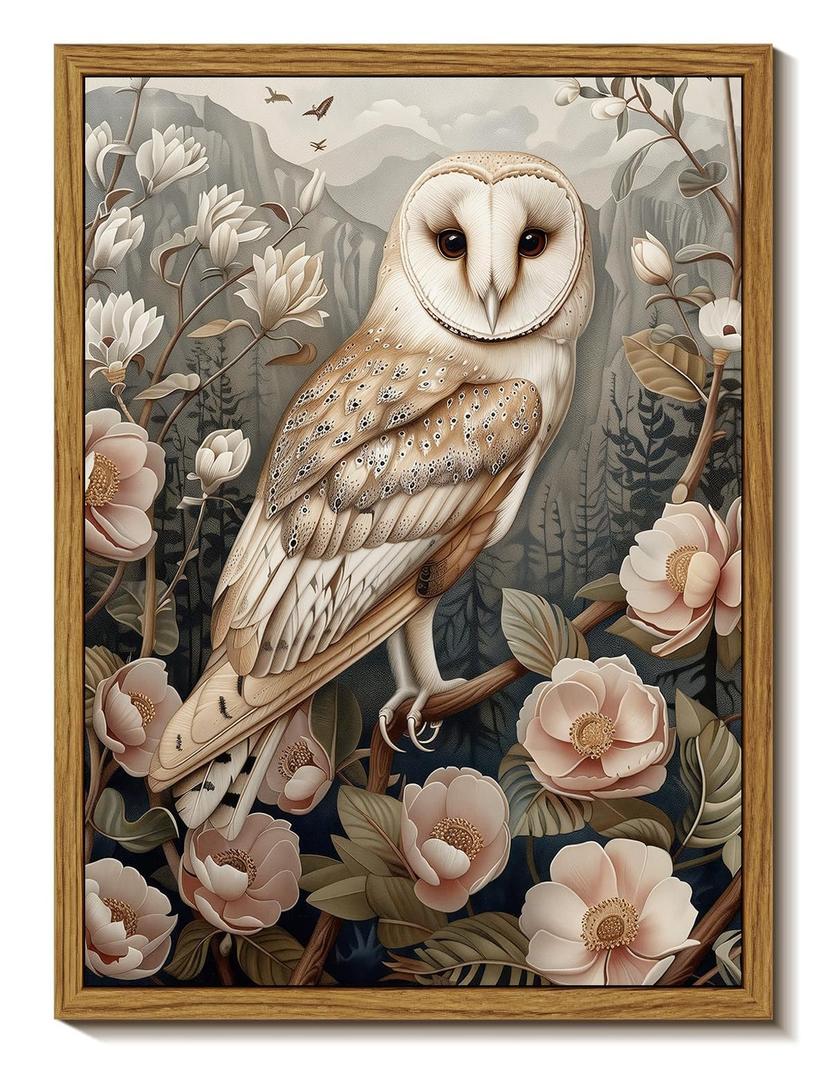Djmwtb Framed Vintage Wall Art, Owl Wall Art,Flower Pictures Wall Decor,Nature Botanical Paintings Canvas Artwork Prints for Bedroom, Living Room 16x24in