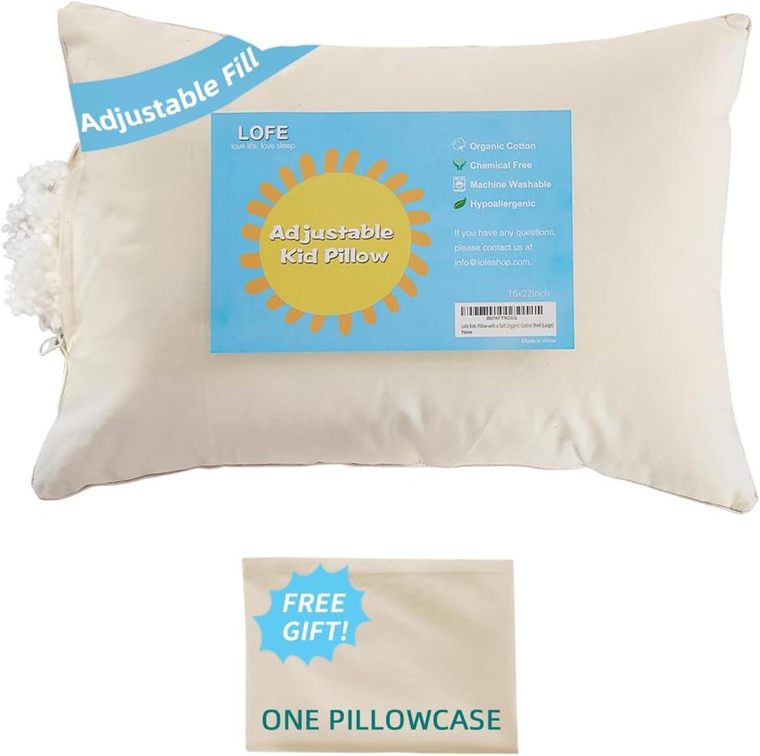 LOFE Organic Pillow with Pillowcase - 16x22 Kids Pillow with 100% Organic Cotton Shell, Adjustable Loft Organic Youth Plilow, Machine Washable, Soft, Perfect for Kids&Youth&Children (Off White(pure))