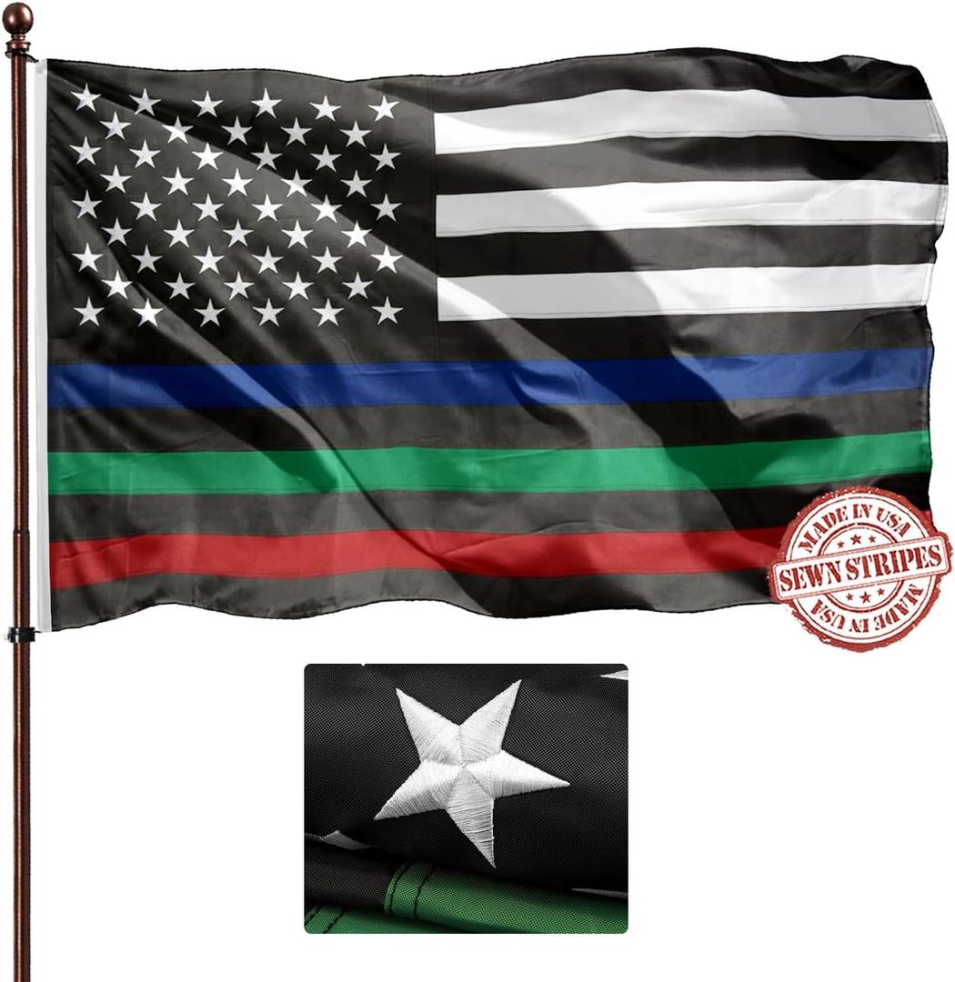 Thin Blue Red Green Line Flag Banner 3x5 Ft- Sewn Stripes- UV Fading Resistant- Premium Quality Nylon- Police Firefighter Military Support Flag- 4 Rows Stitched- 2 Brass Grommets (RBG)