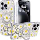 CASEKOO Floral Series Mirror Daisy for iPhone 15 Pro Max Case with Magnetic Ring Stand [Compatible with MagSafe] [Military-Grade Protection] Glitter Back Design, Soft Edge, for Women
