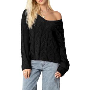 SUUKSESS Women Oversized Cable Sweaters V Neck Long Sleeve Knit Trendy Outfits (Black, M)