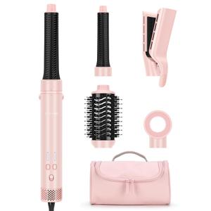 2.0 Dual Voltage Hair Dryer Brush - Travel 5-in-1 Hot Air Hair Styler with Auto Wrap Curlers, Air Straightener Adds Shine, Smooth, Curl & Volume for Salon Blowout, lonic Frizz Control, Pink
