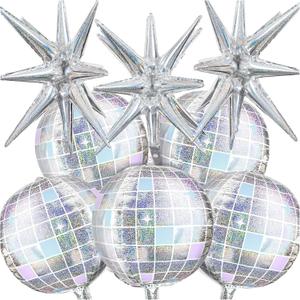 OuMuaMua Disco Ball Balloons for 70s 80s Disco Party Decorations, 22 Inch Large 4D Iridescent Disco Metallic Balloons with Stars for Disco Themed Party, Birthday New Year Bachelorette Decor, 8pcs