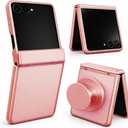 Genuine Leather Case for Galaxy Z Flip 7, MagSafe Compatible Slim Cover with Hinge Protection, Military-Grade Drop Protection, Free Magnetic Grip Holder, Color-Matched Trim (Pink)