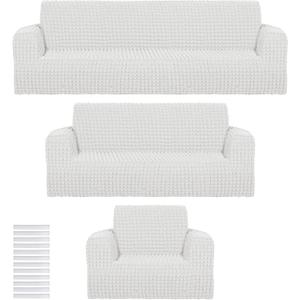 Fanfanwin 3 Pcs Furniture Sofa Cover Set Couch Cover Living Room Chair Covers Armchair Stretch Washable Couch Slipcover for Christmas Loveseat Large Oversized Sofa Cushion High Elastic(Begie)