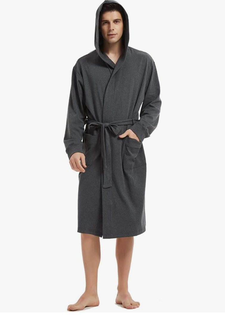 HOLOVE Men's Pure Cotton Bathrobe Lightweight Kimono and Hooded Spa Robes Soft Sleepwear, Size S/M