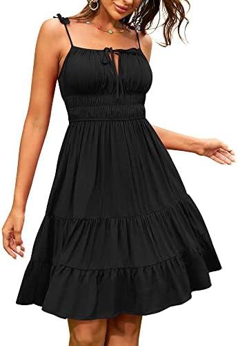 ZAFUL Womens Summer Spaghetti Strap Mini Dress Square Neck Sleeveless Smocked Waist Tiered Flowy Sundresses (Size M)