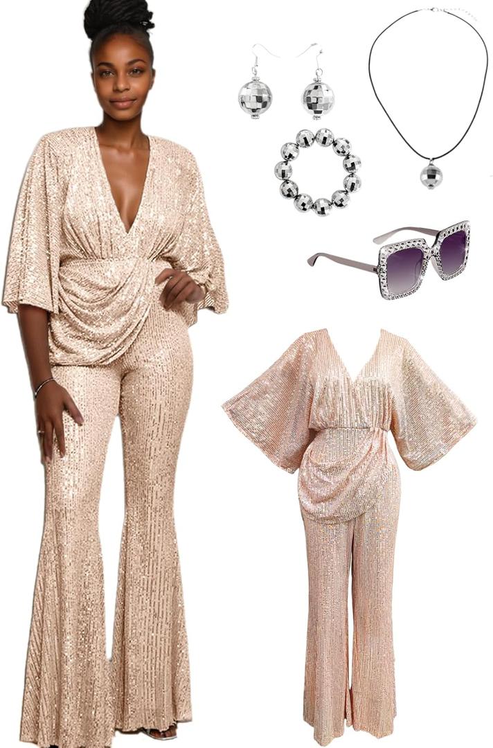 70s Disco Outfit Woman Sequin Jumpsuit Costume Outfits V-Neck for Women with Disco Ball Accessories (Gold, M)