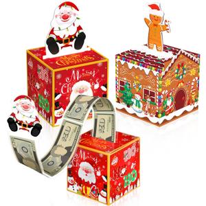 Humyoun 2 Sets Christmas Money Box for Cash Gift Pull Surprise with 30 Transparent Bags Xmas Cash Gift Boxes for DIY Family Friends Christmas Party(Gingerbread House and Santa Claus)