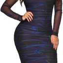 MOEENCN Sexy Long Sleeve Midi Dress for Women Sheer Mesh Printed 2 Piece Skirt Set Crew Neck Bodycon Party Clubwear Dresses (XX-Large, Blue)