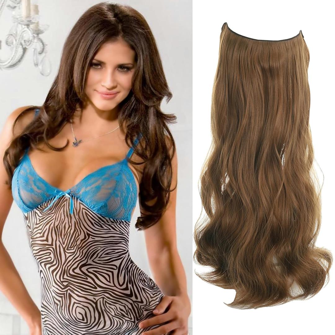 24 inches Invisible Halo Hair Extensions Long Wavy Curly Secret Hairpiece with Transparent Wire Adjustable Size 4 Secure Clips for Women (Light Brown)