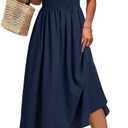 Wenrine Womens Casual Summer Midi Dress Smocked Cap Sleeve Crew Neck Color Block A Line Flowy Beach Dresses