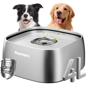 Pawtners All Stainless Steel Dog Water Bowl No Spill,135oz Anti-Splash Dog Bowl with Non-Slip Base, Spill Proof for Medium Large Messy Drinkers, Slow Drinking, Slobber Stopper,Easy to Clean (Silver)