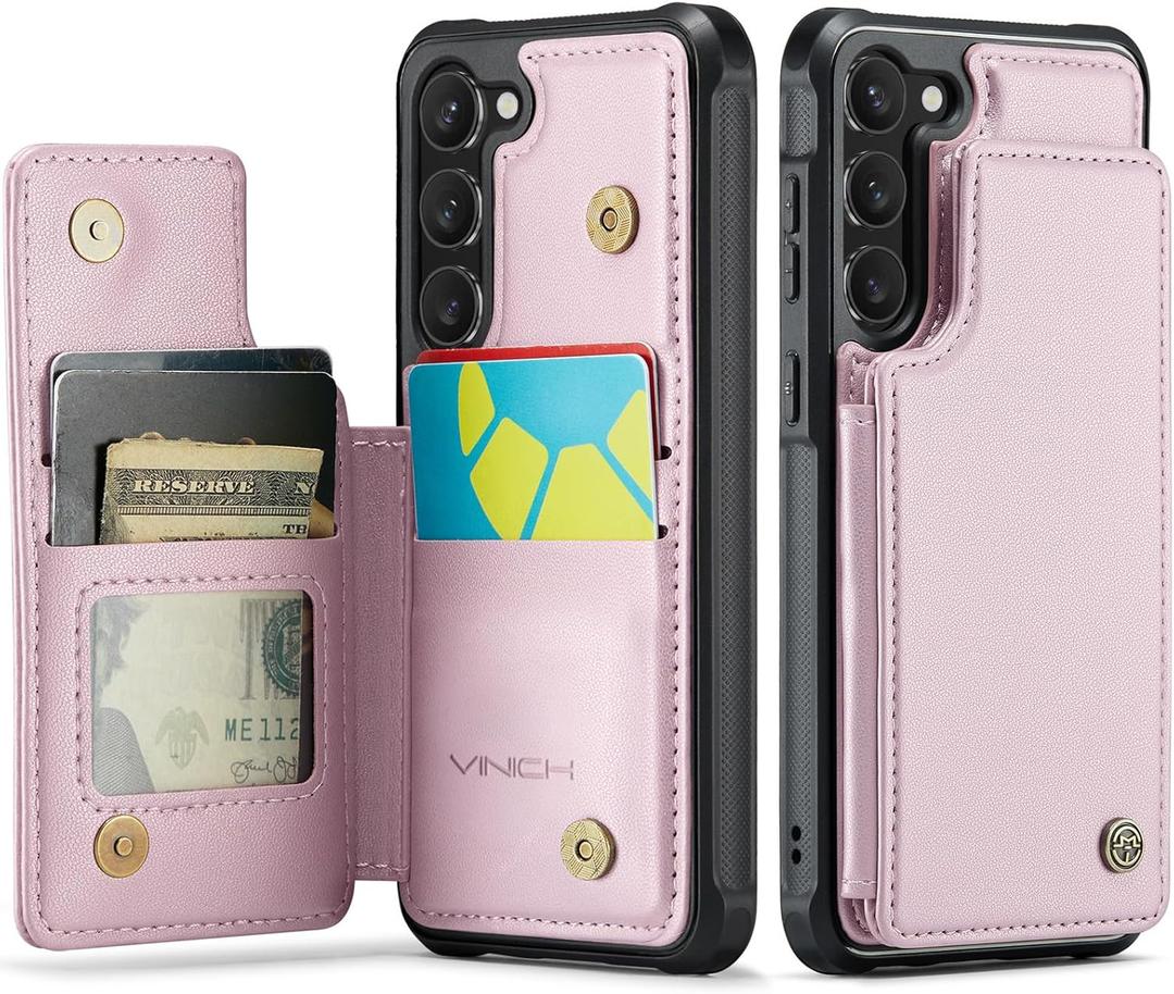 Vinich for Samsung Galaxy S23 Wallet Case with Card Holder, RFID Blocking Credit Slots Kickstand Shockproof Phone Cover Fit for Galaxy S23 6.1" Rose Gold (Pink)