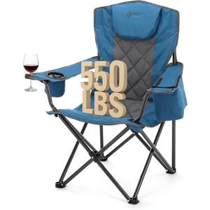 ARROWHEAD OUTDOOR Portable Deluxe Folding Camp Quad Chair w/Headrest, Glass & Cup Holders, Armest 6-can Cooler, Heavy Duty Carry Bag, 550 lbs Weight Capacity (Blue)