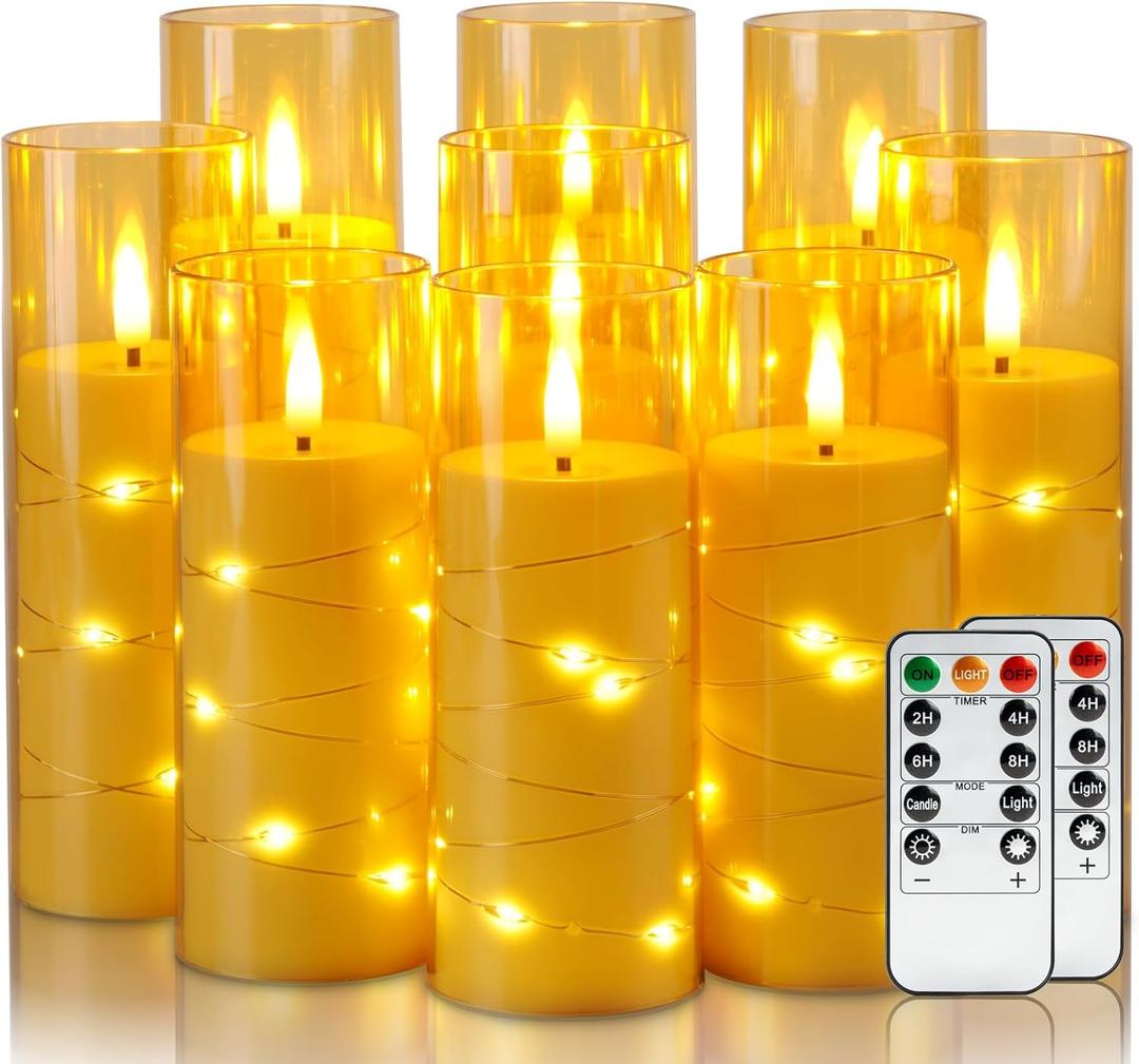 Homemory Flameless Candles with Embedded Star String Fairy Lights, Battery Operated Candles with Remote Control and Timer, Flickering LED Candle for Fall Pumpkin Decorations, Amber Gold, Set of 9