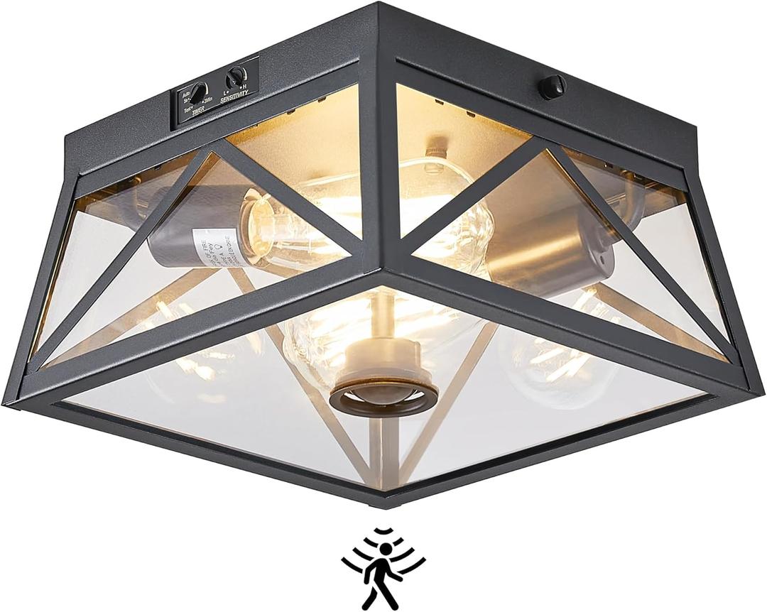 Adjustable Outdoor Motion Sensor Ceiling Light,10" Modern Industrial Design of Squares Flush Mount 2-Light with Clear Glass for Your Porch,Garage,Patio,Hallway,Entryway (Textured Black)