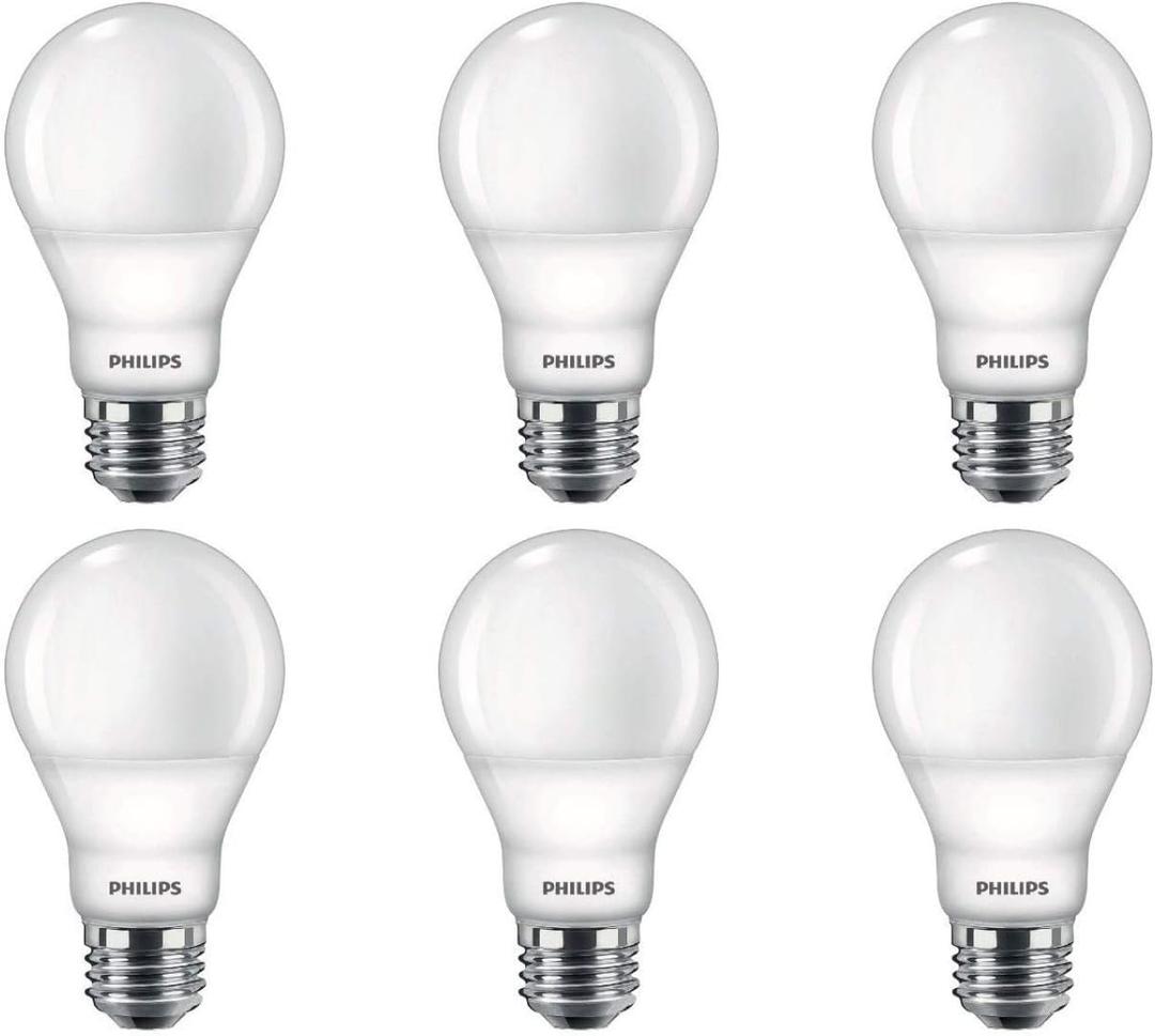 Philips LED Flicker-Free Frosted A19 Light Bulb, Dimmable Warm Glow Effect, 800 Lumen, 2700-2200K, 8.8W=60W, E26 Base, 6-Pack