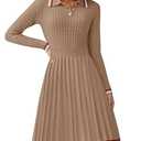 ZESICA Women's Midi Sweater Dress 2024 Fall Long Sleeve Cable Ribbed Knit A Line Swing Pleated Dresses, Khaki, Small