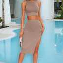ELLEVEN 2 Piece Midi Skirt Sets for Women, Crew Neck Sleeveless Tank Top and Slit Bodycon High Stretchy Summer Dress Outfits (Gray, S)