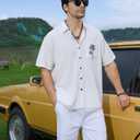 Men's Bowling Shirt Short Sleeve Hawaiian Shirt Button Down Coconut Printed Summer Beach Casual Shirts (White, L)