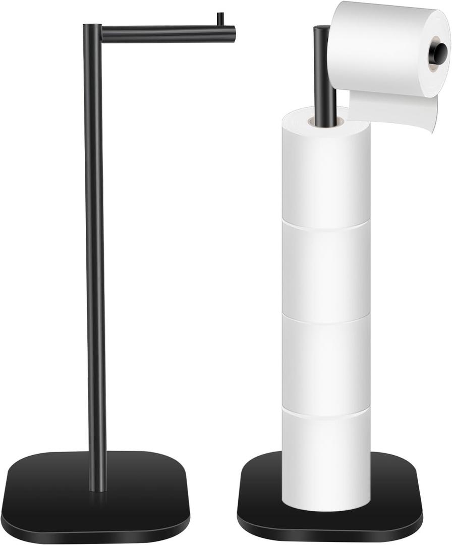 Toilet Paper Holder Stand Freestanding, Matte Black Toilet Paper Stand for Bathroom, Stainless Steel Toilet Paper Roll Holder with Storage,Tissue Holder,Non-Slip,Rust Proof