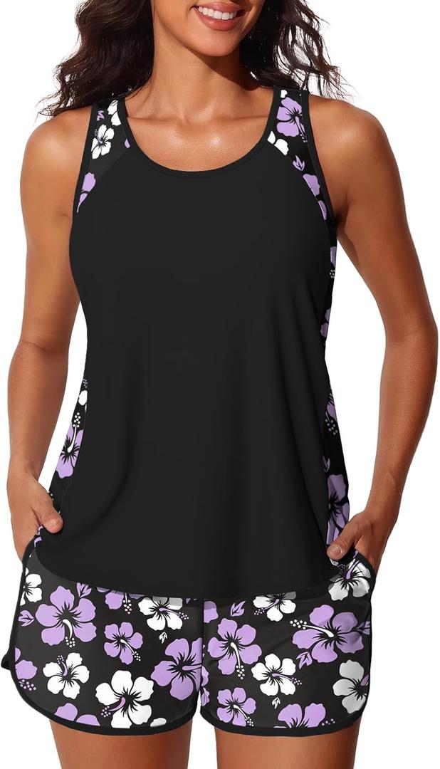 Summer Mae Blouson Tankini Swimsuits for Women 2026 Tummy Control Two Piece Bathing Suits with Sporty Pockets Swim Shorts (16, Light Purple Floral)