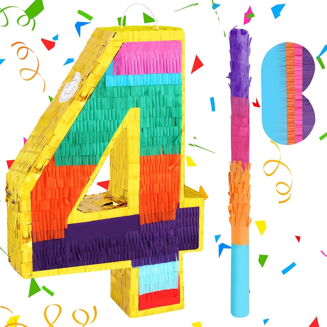 Rainbow Number 4 Pinata for Kids 4th Birthday Party Supplies, Fiesta, Centerpieces, Anniversary Celebrations (16.1 x 10.6 x 3.2 Inches)