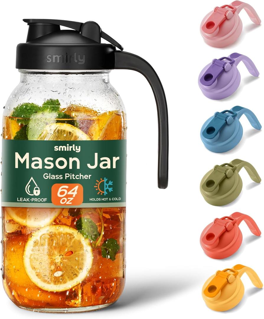 SMIRLY 64 oz Mason Jar Pitcher, Glass Pitcher with Wide Mouth, Water Jug with Double Leak Proof Lid for Iced Coffee, Hot Water, Breast Milk
(Black)