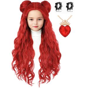 Kids Costume Wig with Buns and Red Necklace Earrings Long Wavy Hair Wigs for Girls Halloween Cosplay