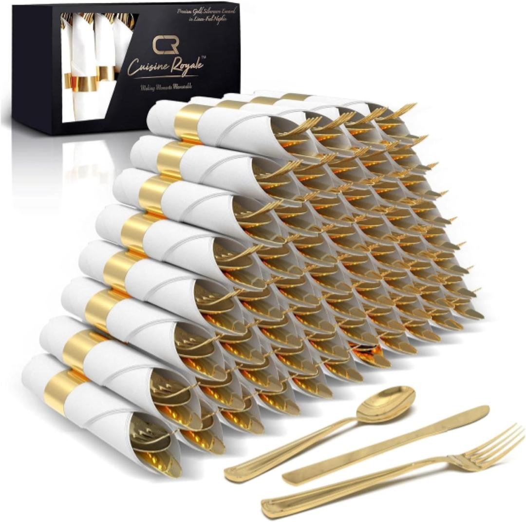 Prestee 50 Pre-Rolled Gold Silverware Set - 200-Piece Disposable Utensils with Napkins - Elegant Cutlery for Weddings, Parties and Events - Includes Forks, Knives and Spoons
