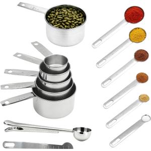 Measuring Cups and Spoons Set of 13, Stainless Steel 5 Nesting Measure Cups Set & 6 Measuring Spoons Set & 1 Leveler +1 Spoon Clip - Kitchen Baking Tools for Cooking.