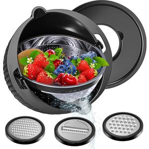4-1 Colander with Bowl Set - Colander for Kitchen - Strainers and Colanders - Pasta Strainer - Funny Presents for Women - Rice Strainer Fruit Cleaner Veggie Wash Kitchen Gadgets Essentials, Black