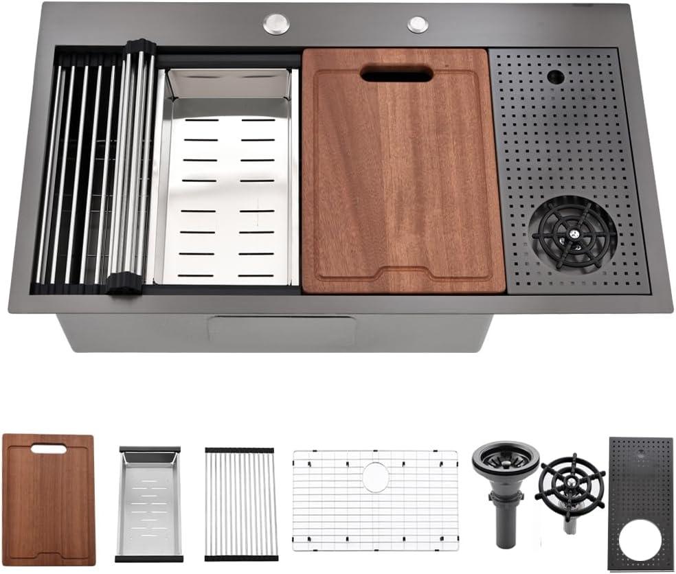 33 Inch Black Drop In Kitchen Sink with Glass Rinser-Bokaiya 33x19 Drop In Sink Workstation 16 Gauge Stainless Steel Single Bowl Deep Kitchen Sinks with Cup Washer