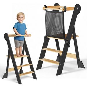 COSYLAND Pre-Assembled Foldable Toddler Kitchen Stool Helper  Toddler Standing Tower with Safety Net, Adjustable Heights & Anti-Tip Feet for Safe Kitchen Fun(Natural & Dark Gray)