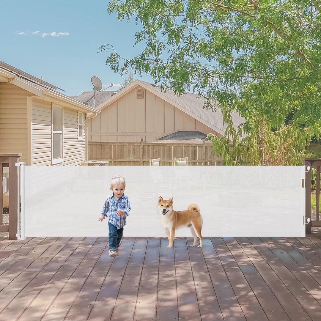 140 Inch Wide Retractable Baby Gates Retractable Dog Gate for Large Openings, Extra Wide Baby Gates for Dogs Indoor Retractable Gate Outdoor Pet Gate, Mesh Gates for Kids or Pets Dog Fence, White