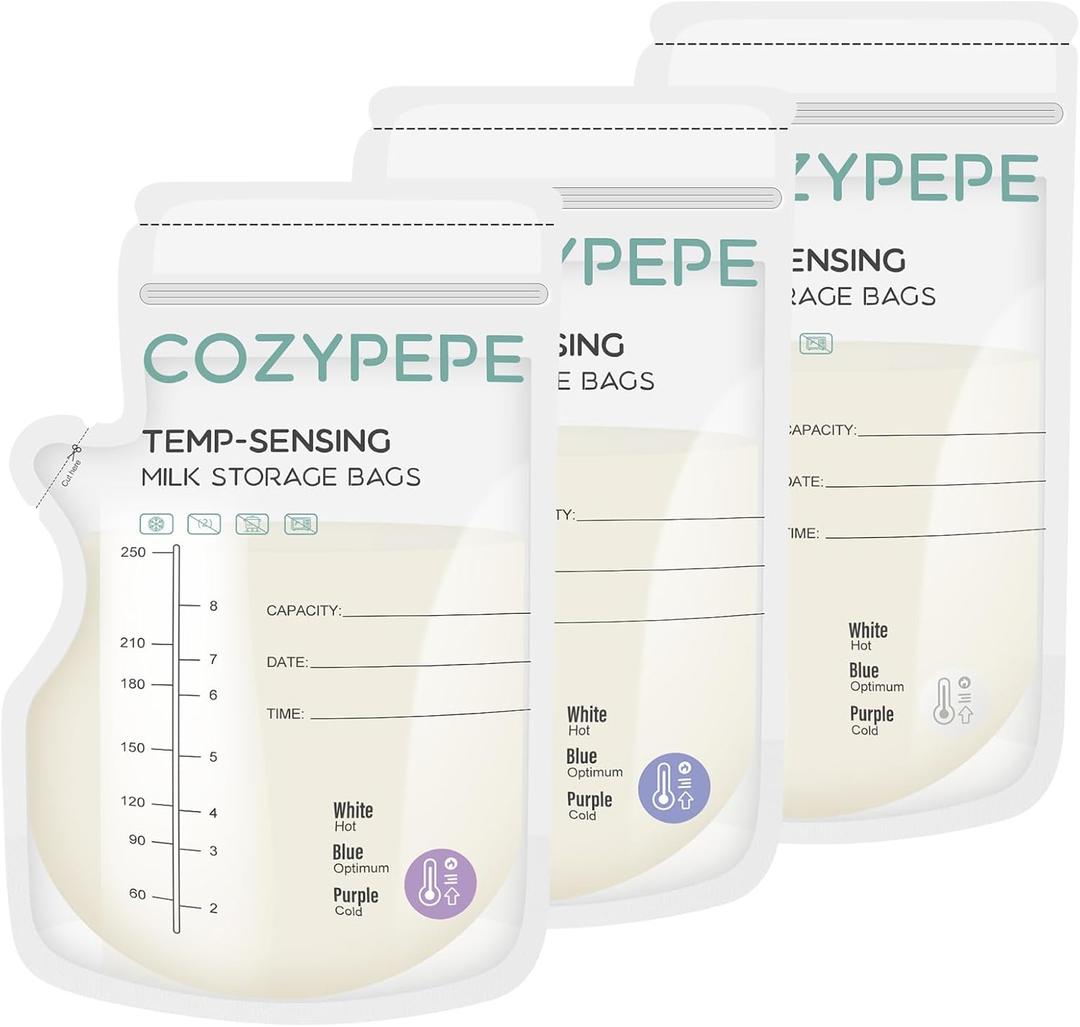 100 Pcs Breastmilk Storage Bags, 8Oz Breast Milk Storing Bag with Pour Spout, Temperature-Sensing Color Change Milk Bag for Convenient Breastfeeding, No Leak Presterilized for Freezer