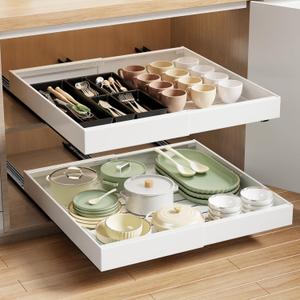 MUSTORN 2 Pack Pull Out Cabinet Organizer Expandable, 21"Deep Slide Out Drawer for Cabinets Adhesive Pull Out Drawers Heavy Duty Pull Out Shelves for Kitchen, Cupboard, Pantry, Bathroom(White)