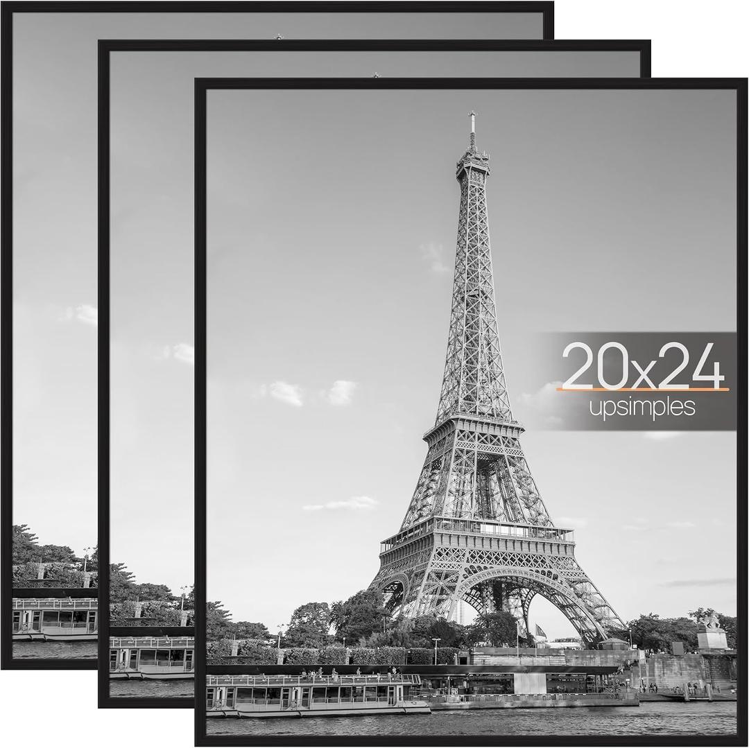 Upsimples 20x24 Picture Frame Black 3 Pack, Scratch-Proof Poster Frames 20 x 24 for Photo Gallery - Slide-In Strips, Horizontal or Vertical Wall Mounting
