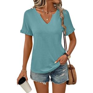 TICTICMIMI Women's V Neck Ruffle Short Sleeve Tops Summer Casual T Shirts (Blue, XL)