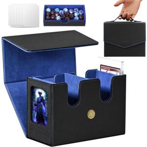 MTG Commander Deck Box-Patented Handle Design, Trading Card Storage Box Organizer Holds 236+ Double-sleeved Cards, Magnet Case with Dice Tray, 2 Card Holders, 6 Dividers for TCG, CCG, EDH -Black Blue (540+)