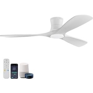 52”Smart Low Profile Ceiling Fans with Lights Remote,Quiet DC Motor,Outdoor Indoor Flush Mount Ceiling Fan,Control with WIFI Alexa App,Dimmable,6-speed,3 White Wood blades,for Modern Bedroom Patio, 52"-voice+app+remote Control