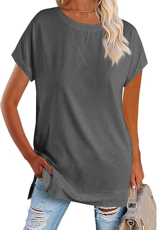 Women's Round Neck Solid Color T-Shirt Side Slit Casual Short-Sleeved Summer Sports Tunic Top, XXL
