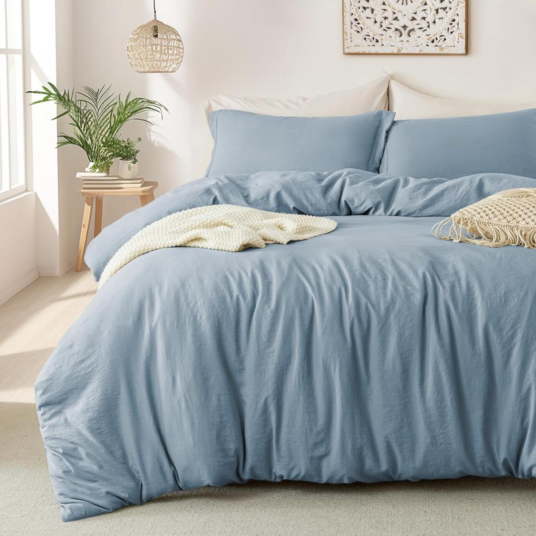 MILDLY Super Soft Duvet Cover - 100% Washed Microfiber Haze Blue Comforter Cover Set 3 Pieces with Zipper Closure & Corner Ties (No Comforter) (Full (80"x90"))
